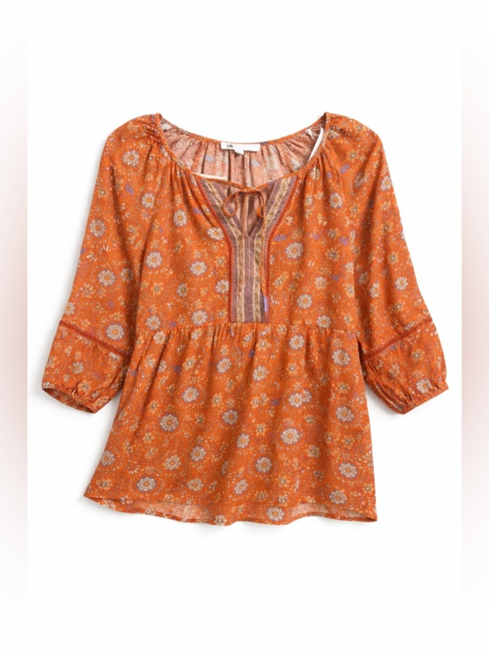 Festival Ready! DR2 boho peasant blouse floral tie front flowy rayon top M - Picture 2 of 12